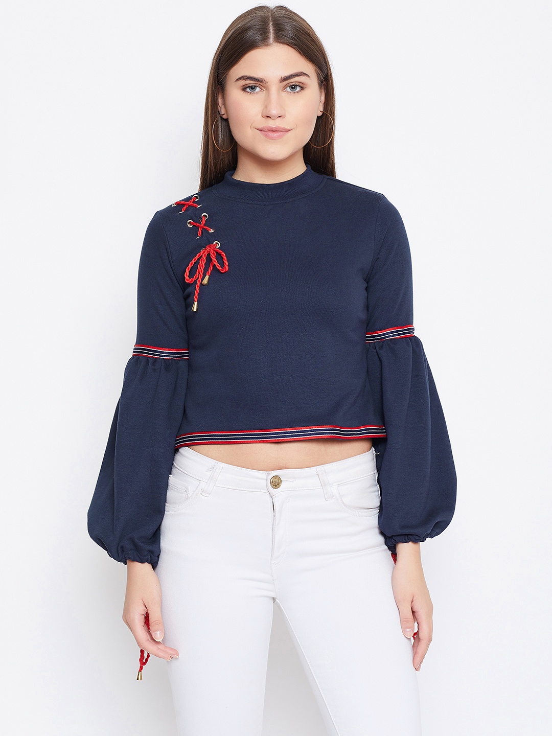 

Alsace Lorraine Paris Women Navy Blue Solid Crop Sweatshirt