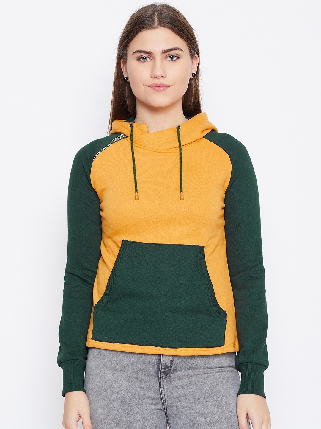 

Alsace Lorraine Paris Women Mustard Yellow & Green Colourblocked Hooded Sweatshirt