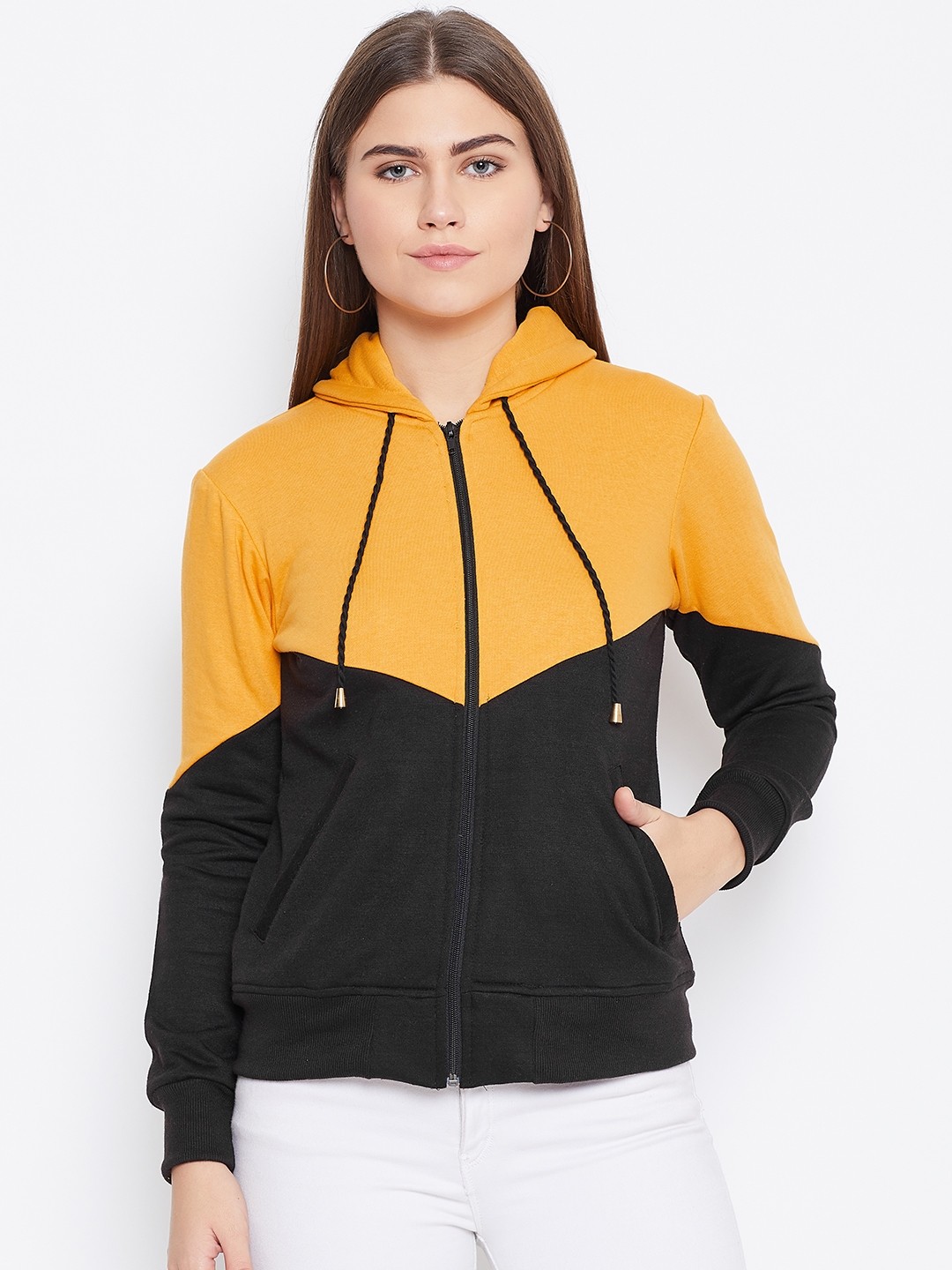 

Alsace Lorraine Paris Women Mustard Yellow & Black Colourblocked Hooded Sweatshirt