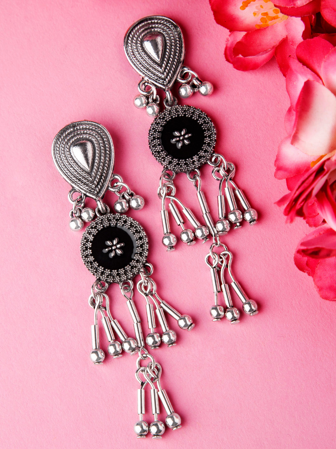 

Rubans Women Silver-Plated Black Handcrafted Feather Shaped Drop Earrings