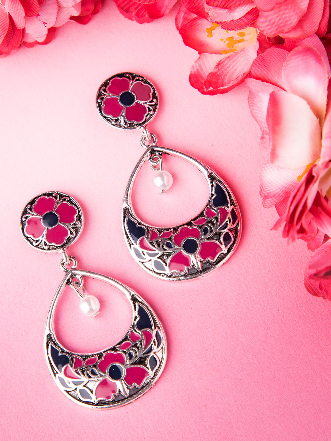 

Rubans Women Silver-Plated Pink Handcrafted Feather Shaped Drop Earrings