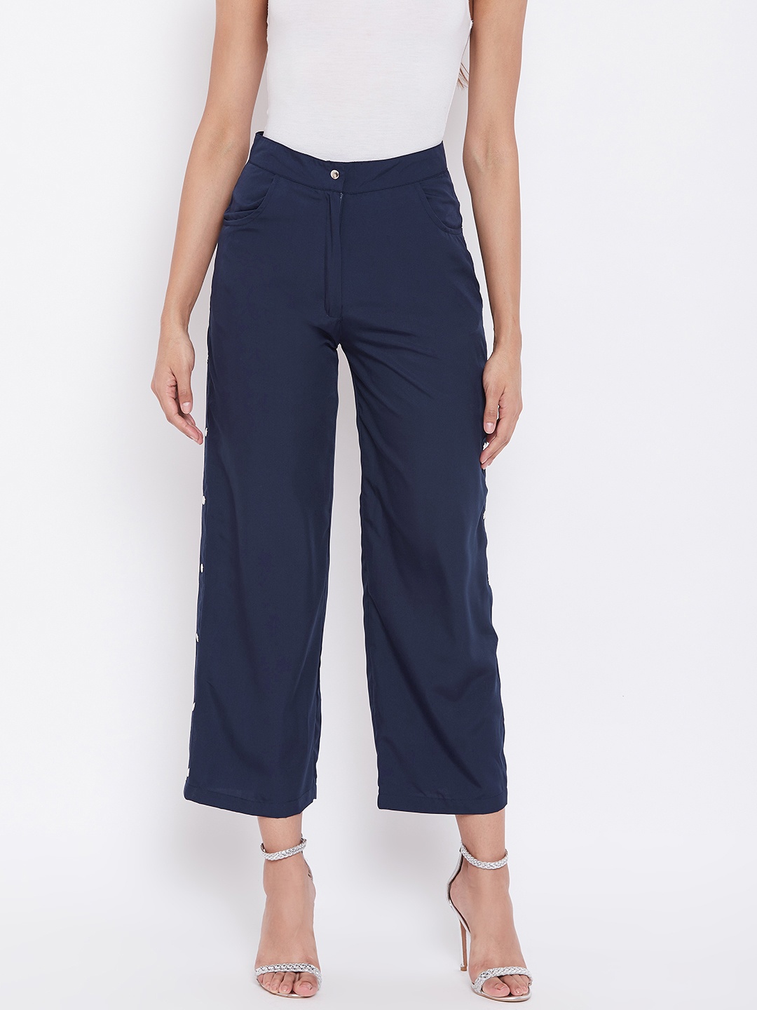 

Alsace Lorraine Paris Women Navy Blue Flared Fit Solid Cropped Regular Trousers