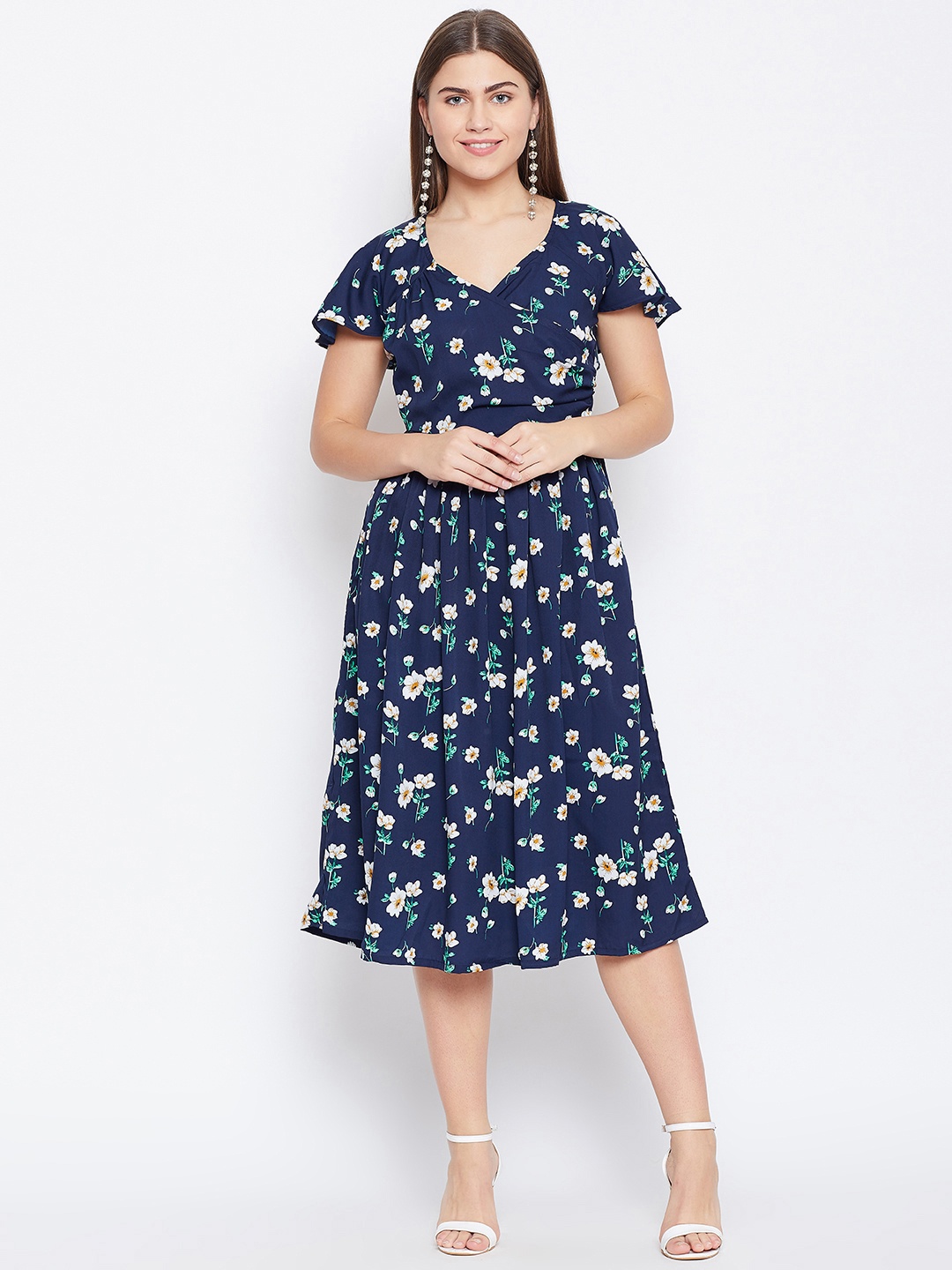 

Alsace Lorraine Paris Women Navy Blue & White Floral Printed Wrap Dress