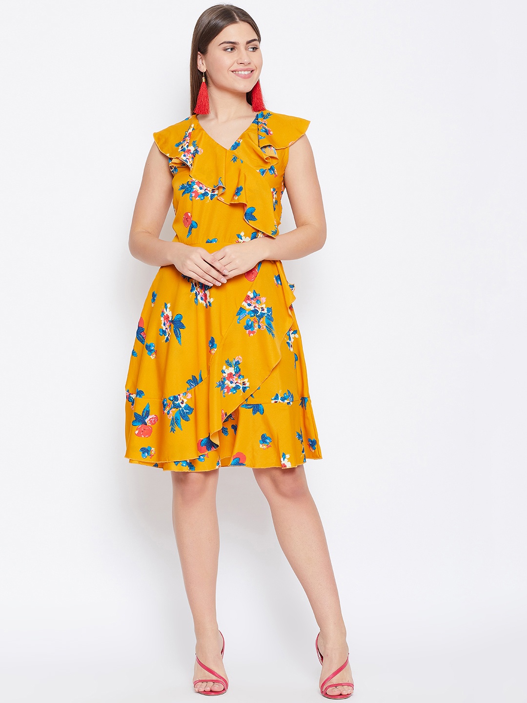 

Alsace Lorraine Paris Women Mustard Yellow & Blue Floral Printed Wrap Dress