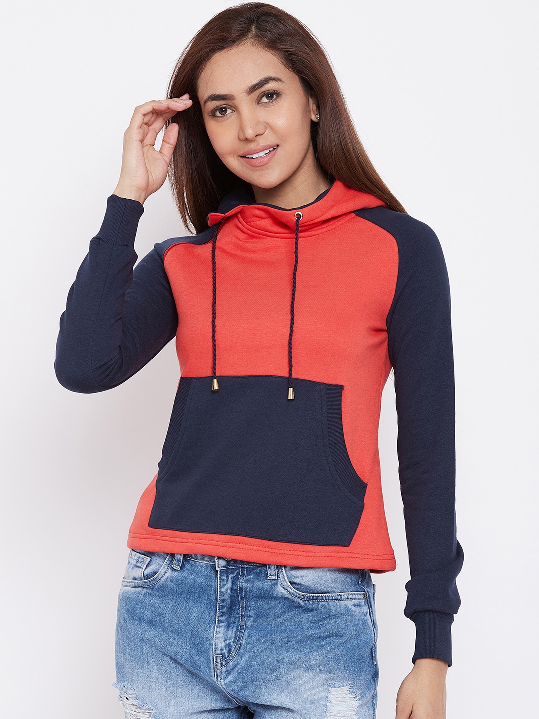 

Alsace Lorraine Paris Women Red & Navy Blue Colourblocked Hooded Sweatshirt