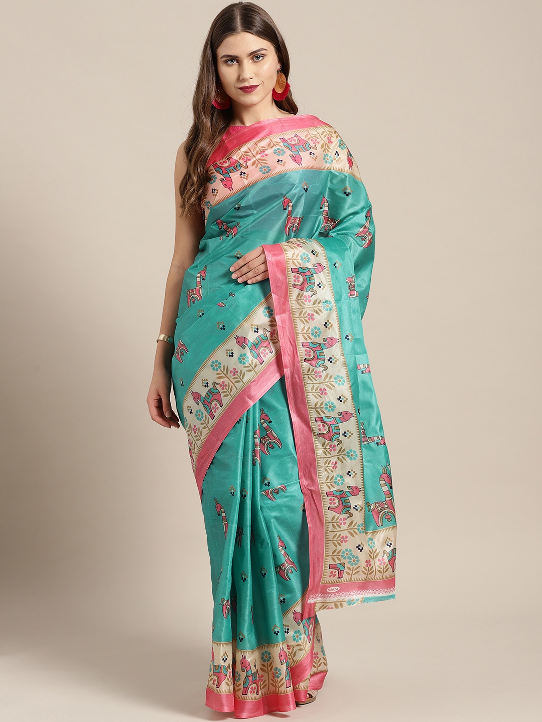 

Chhabra 555 Green & Pink Printed Bhagalpuri Saree