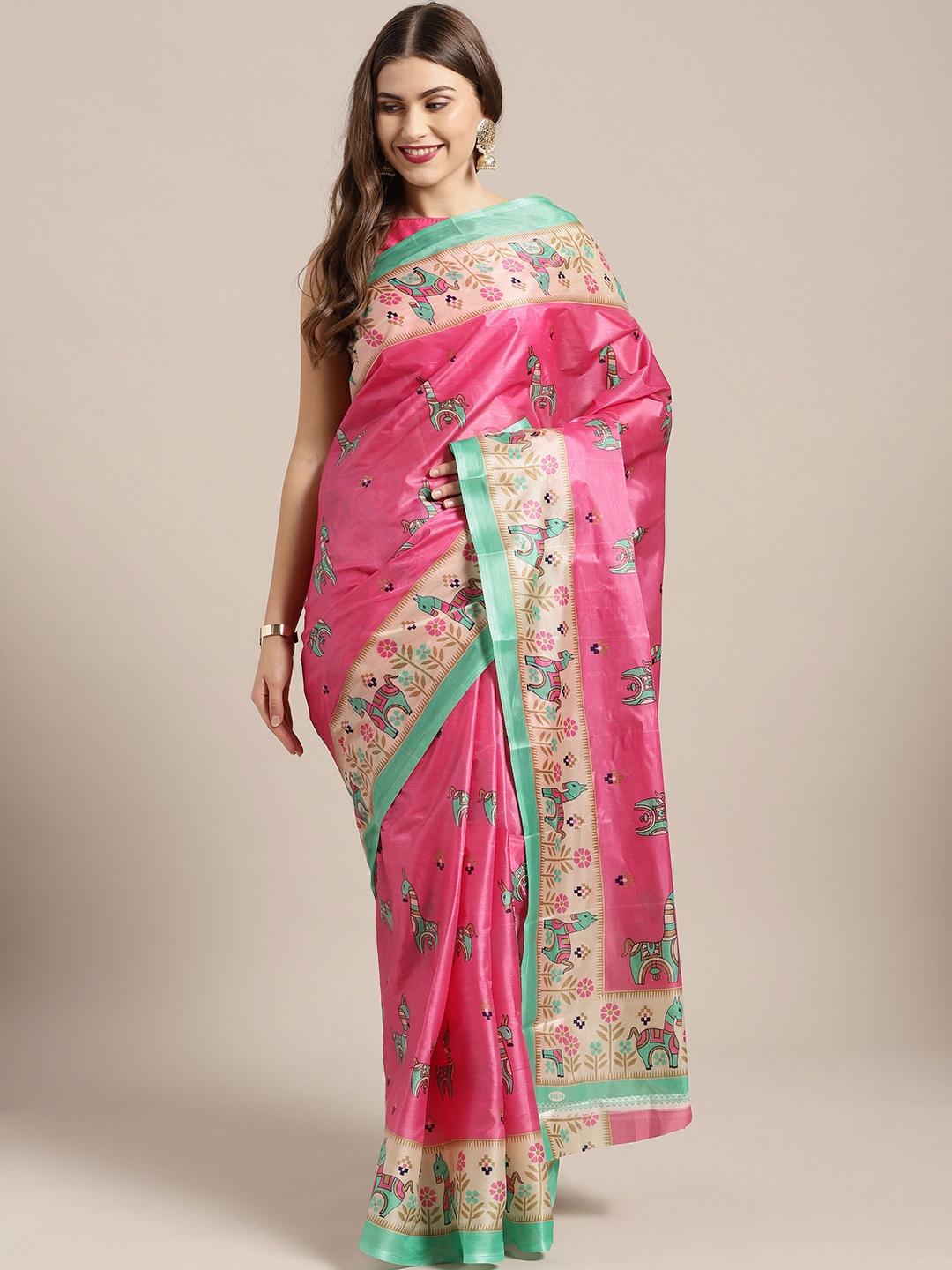 

Chhabra 555 Pink & Green Printed Bhagalpuri Saree