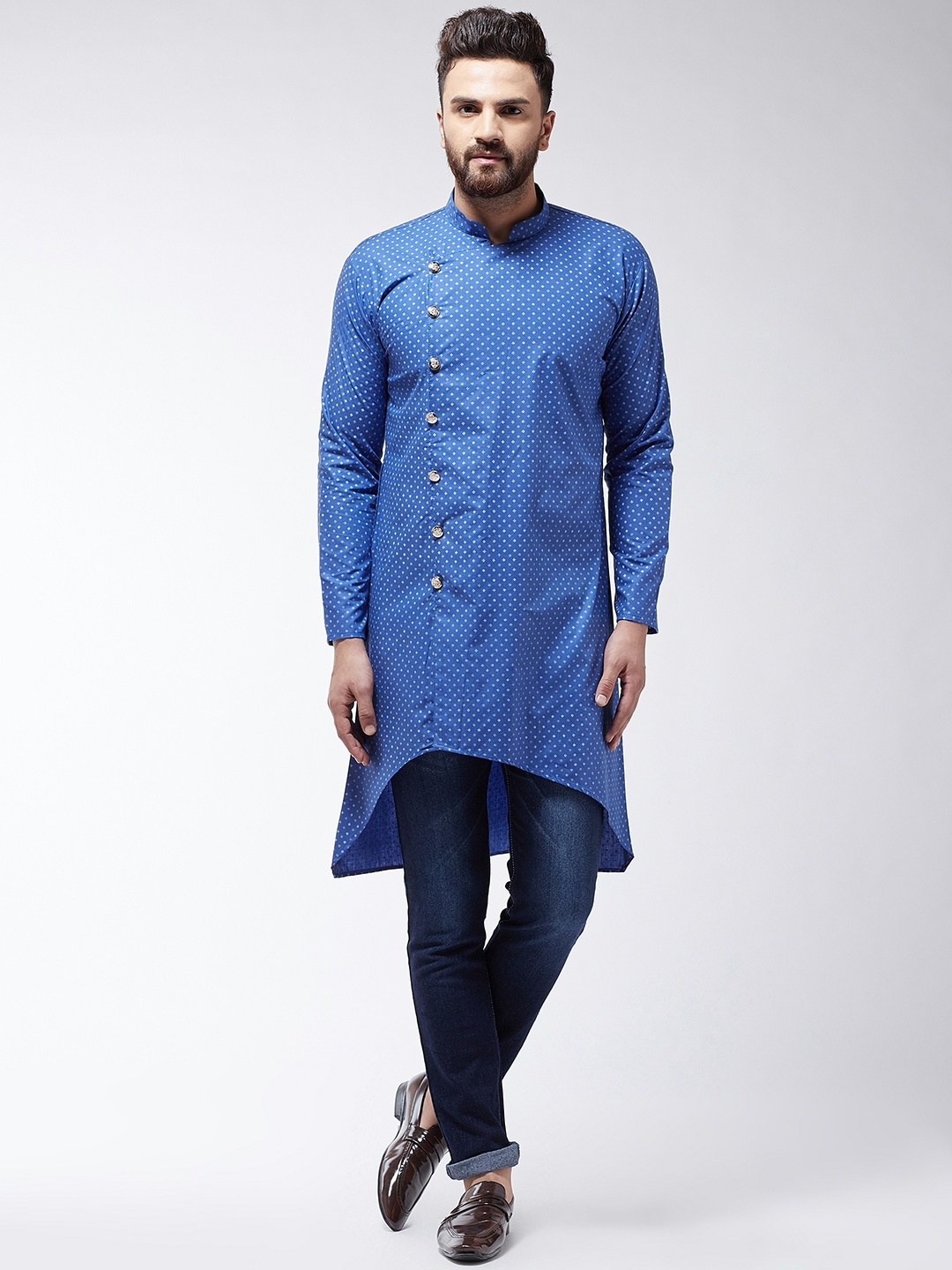 

SOJANYA Men Blue Printed Cotton Linen Straight Kurta