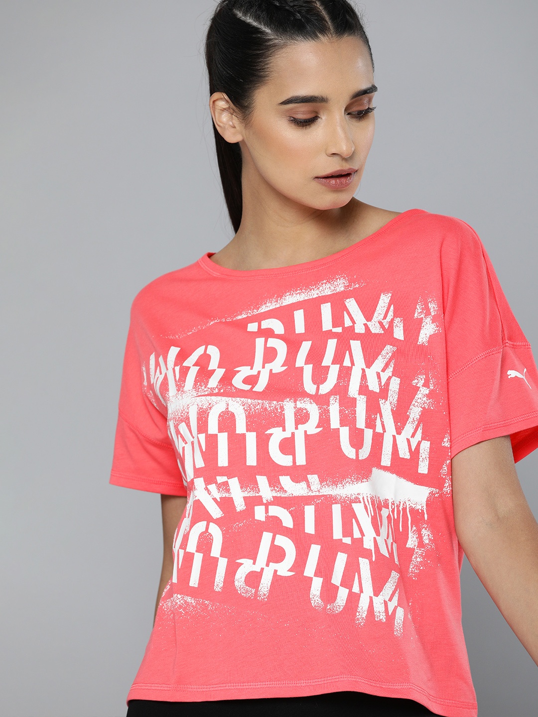 

Puma Women Pink & White HIT Feel It Tee Alert Printed dryCELL Regular Training Top