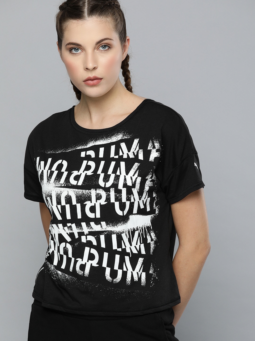 

Puma Women Black & White Printed Drycell HIT Feel It Training T-Shirt