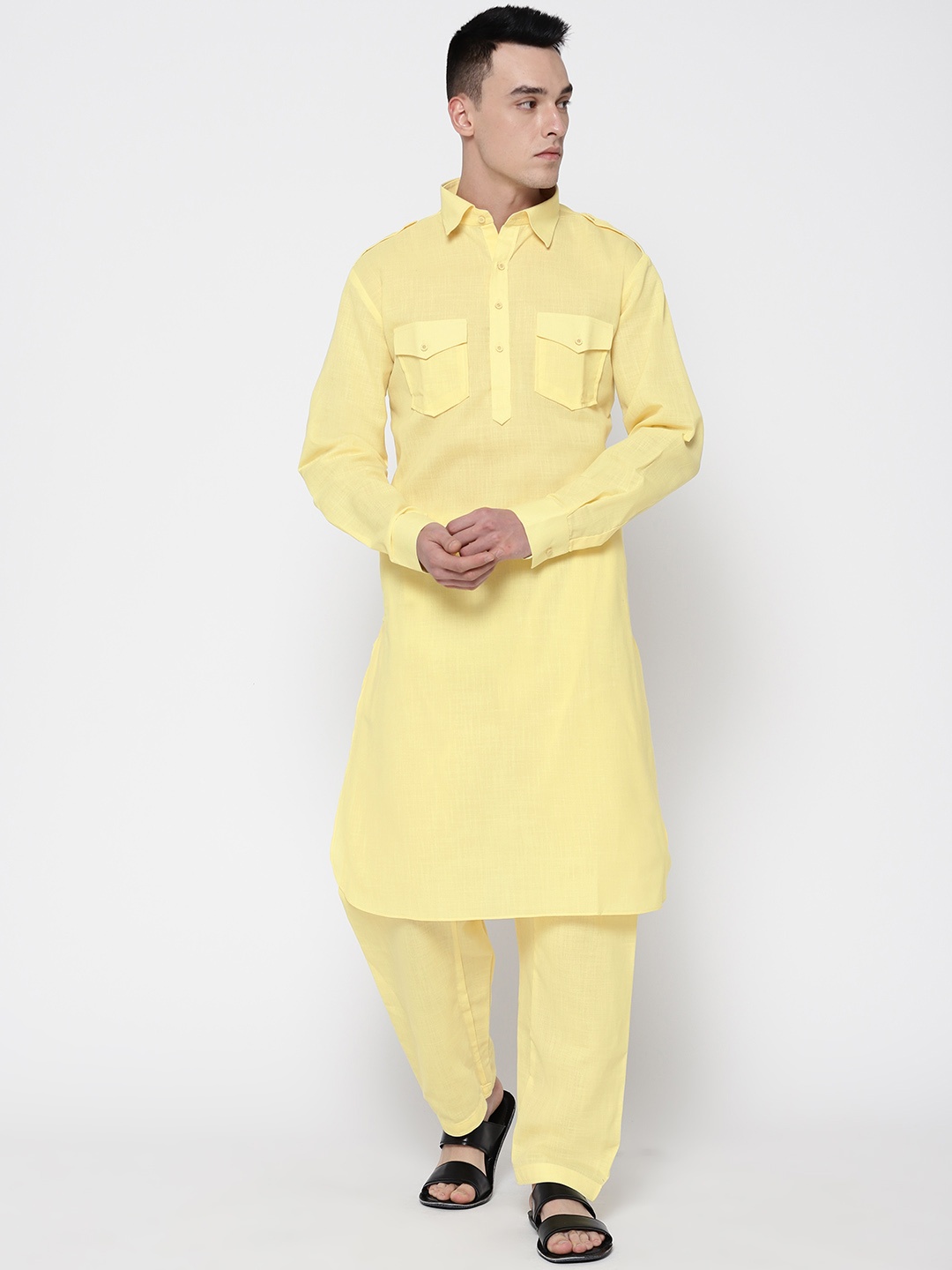 

SG LEMAN Men Yellow Solid Pathani Kurta with Pyjamas