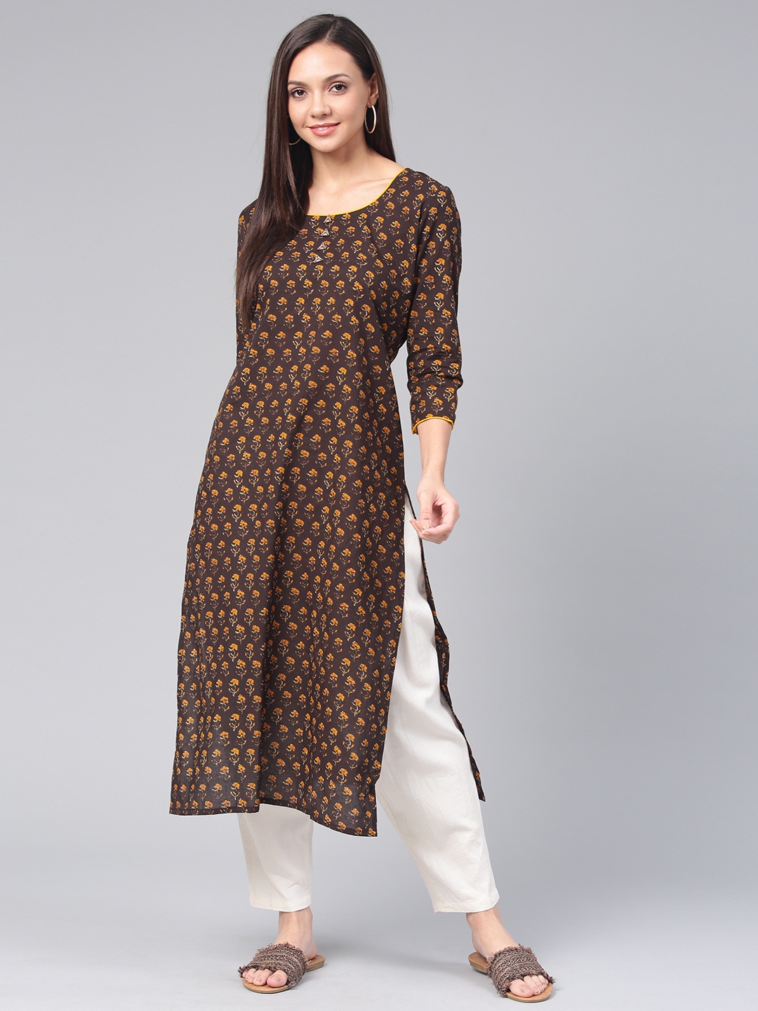 

Swishchick Women Coffee Brown & Yellow Block Print Straight Kurta