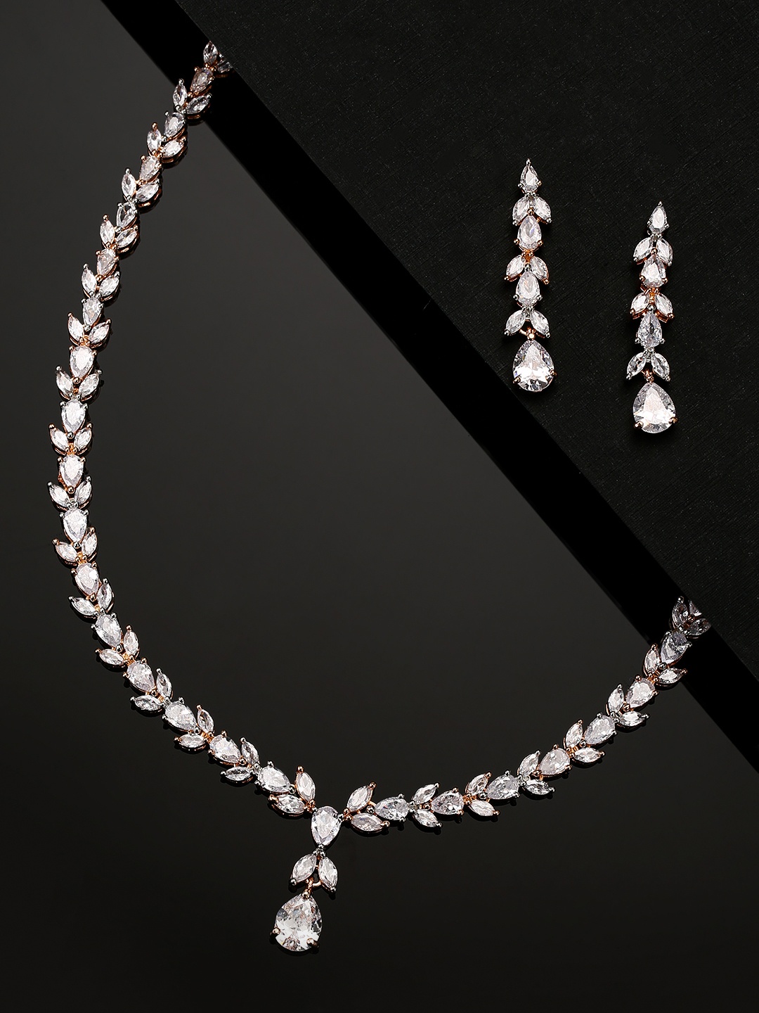 

Priyaasi Rose Gold-Plated AD-Studded Handcrafted Leaf Shaped Jewellery Set