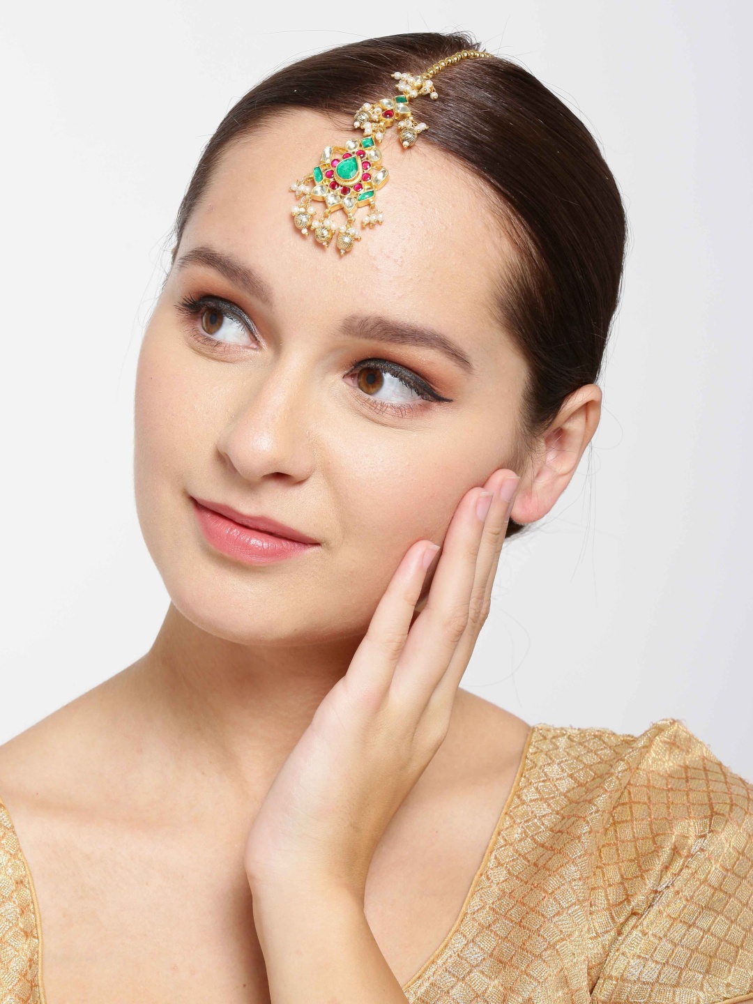 

Priyaasi Green & Pink Gold-Plated Kundan-Studded & Beaded Handcrafted Maang Tika