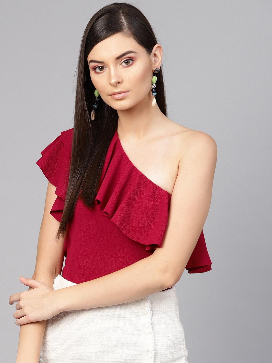

SASSAFRAS Women Maroon Solid One-Shoulder Ruffle Fitted Top