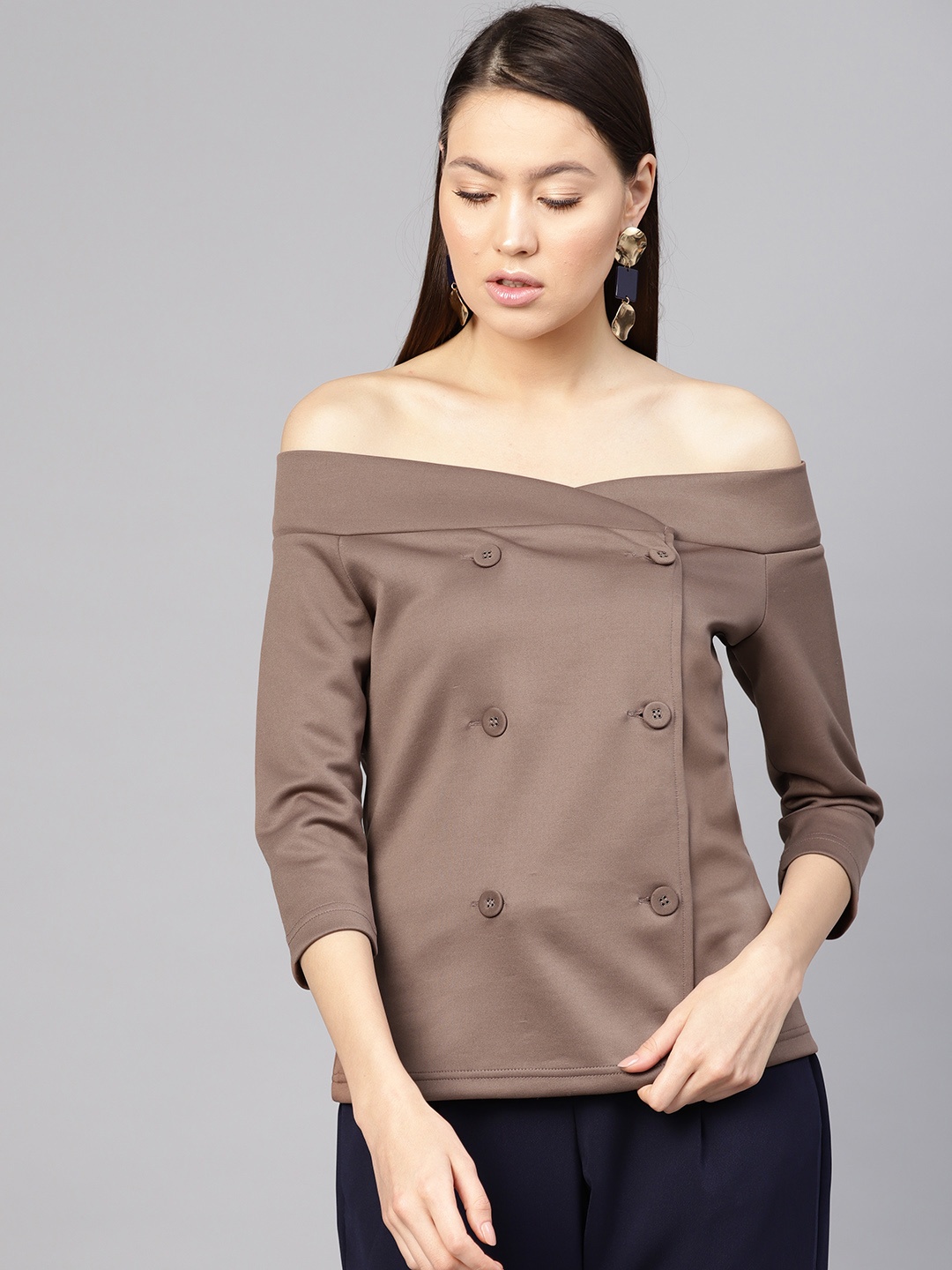 

SASSAFRAS Women Brown Solid Double-Breasted Bardot Top