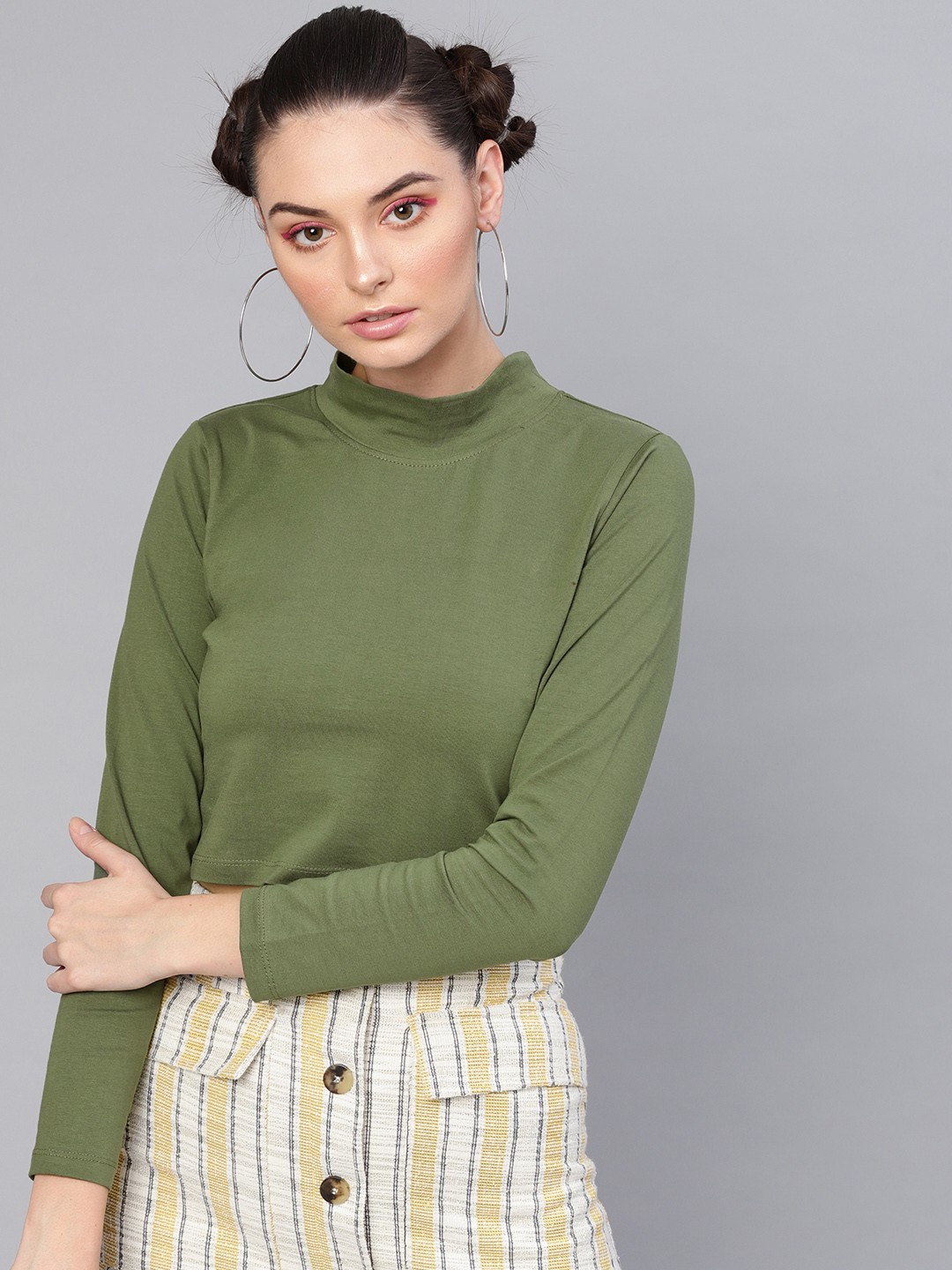 

SASSAFRAS Women Olive Green Solid High Neck Crop T-shirt
