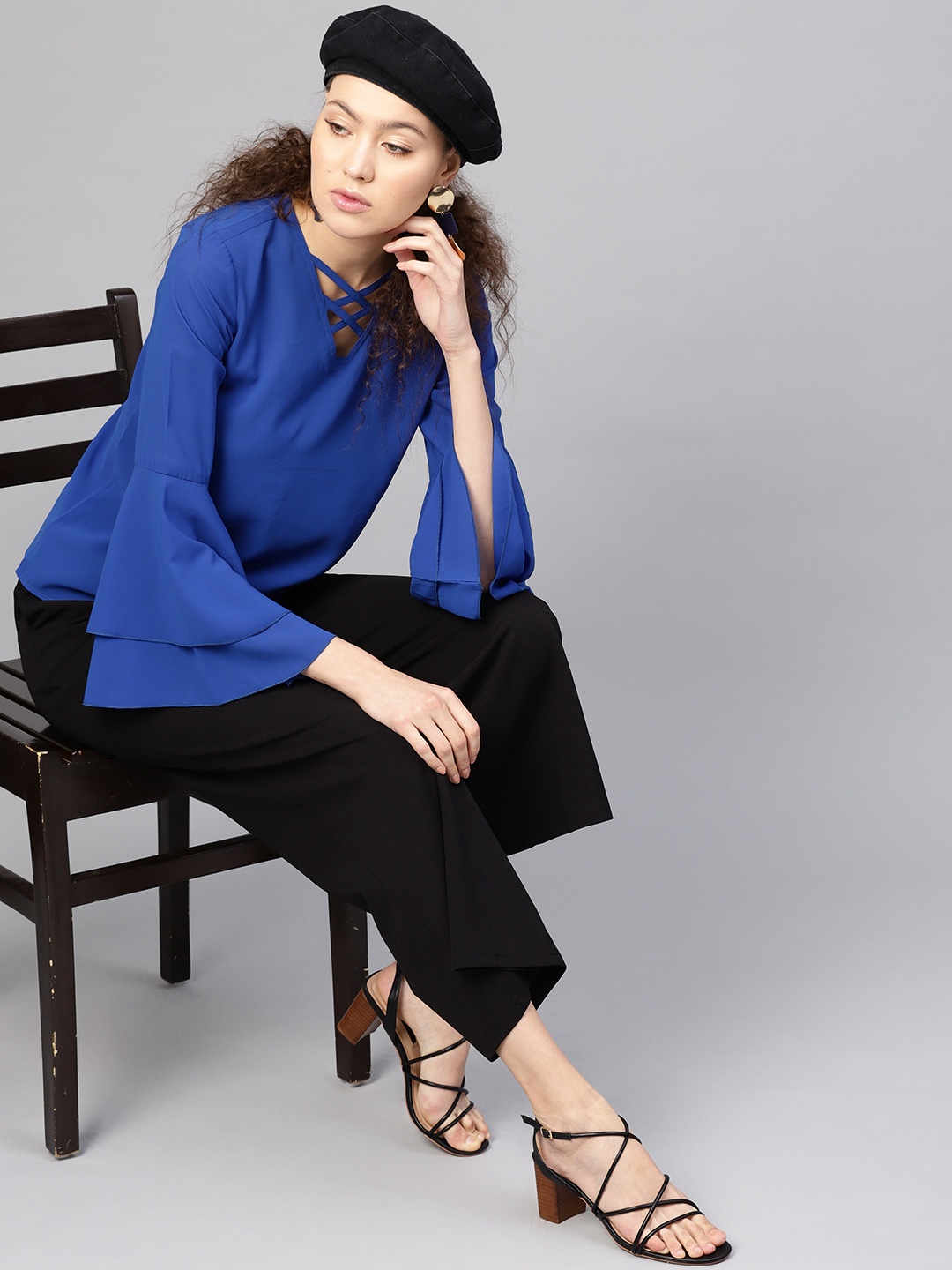 

SASSAFRAS Women Blue Solid Lace-Up Top