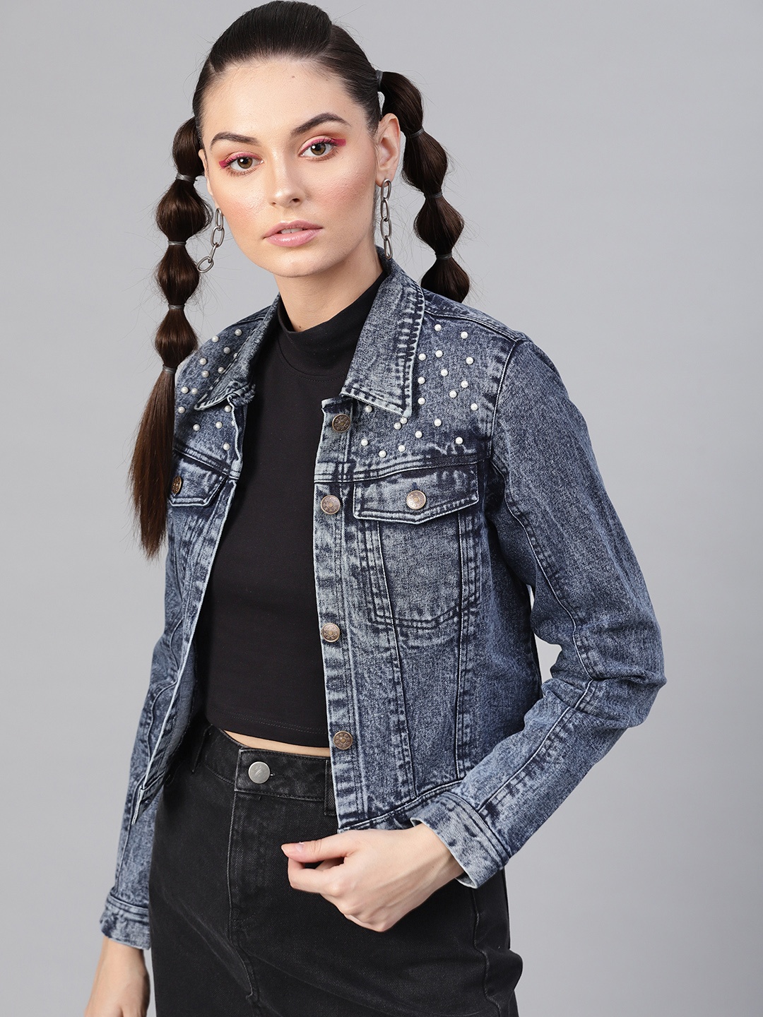 

SASSAFRAS Women Blue Solid Denim Jacket