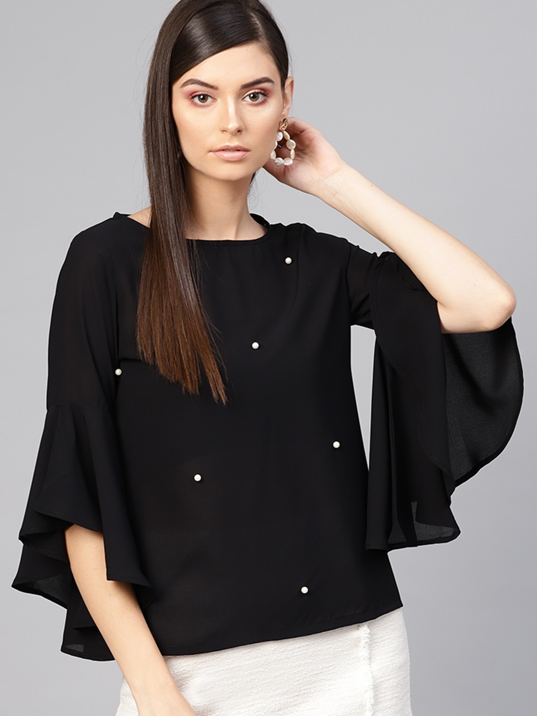 

SASSAFRAS Women Black Semi-Sheer Embellished Top