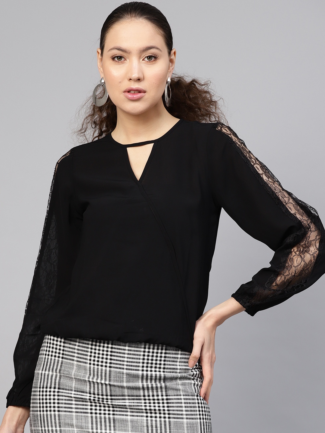 

SASSAFRAS Women Black Solid Blouson Top