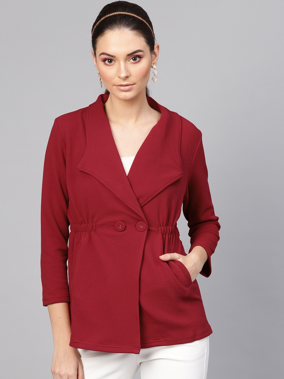 

SASSAFRAS Women Maroon Solid Double-Breasted Casual Blazer