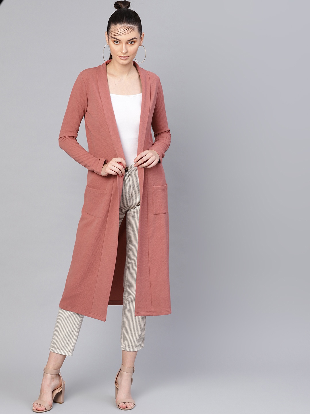 

SASSAFRAS Women Peach-Coloured Solid Open Front Longline Shrug