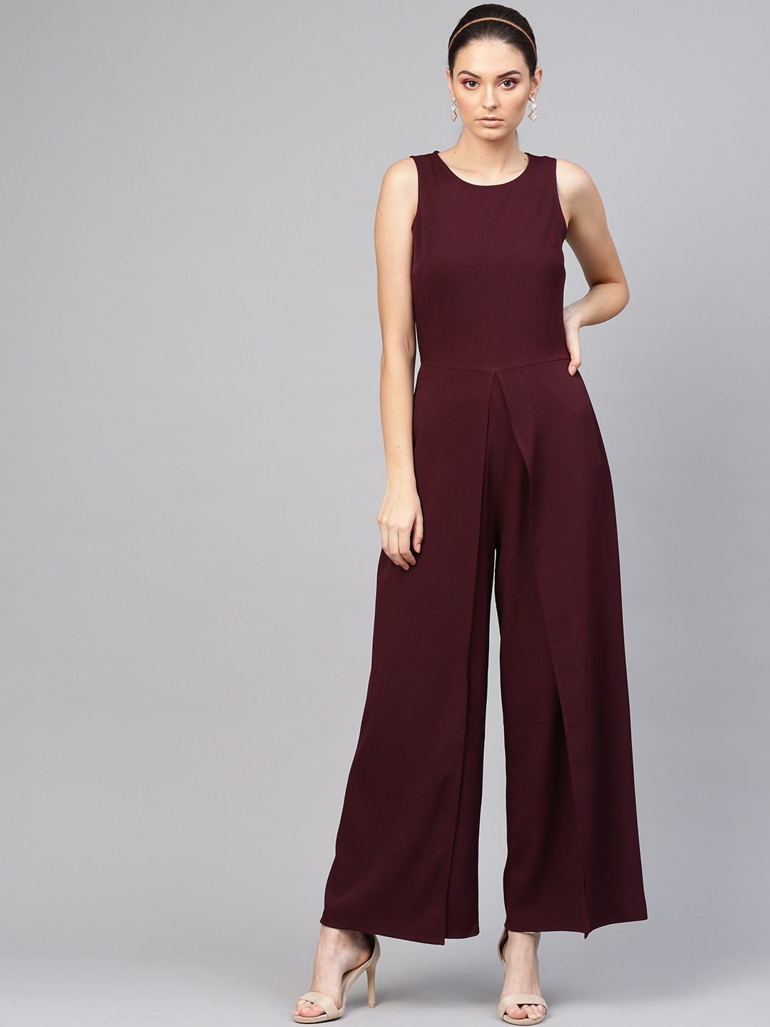

SASSAFRAS Women Burgundy Solid Basic Jumpsuit