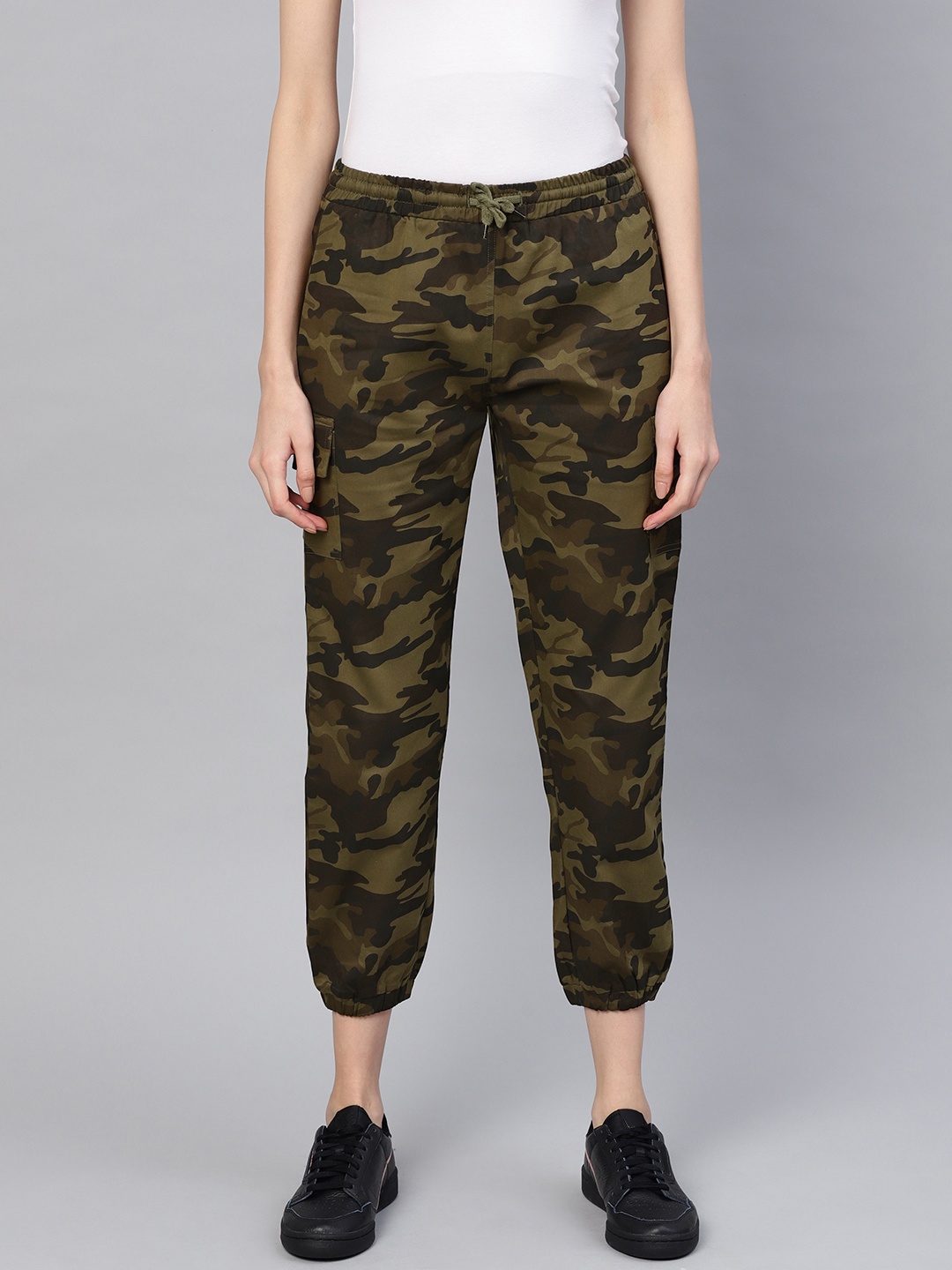 

SASSAFRAS Women Olive Green & Brown Printed Cropped Joggers