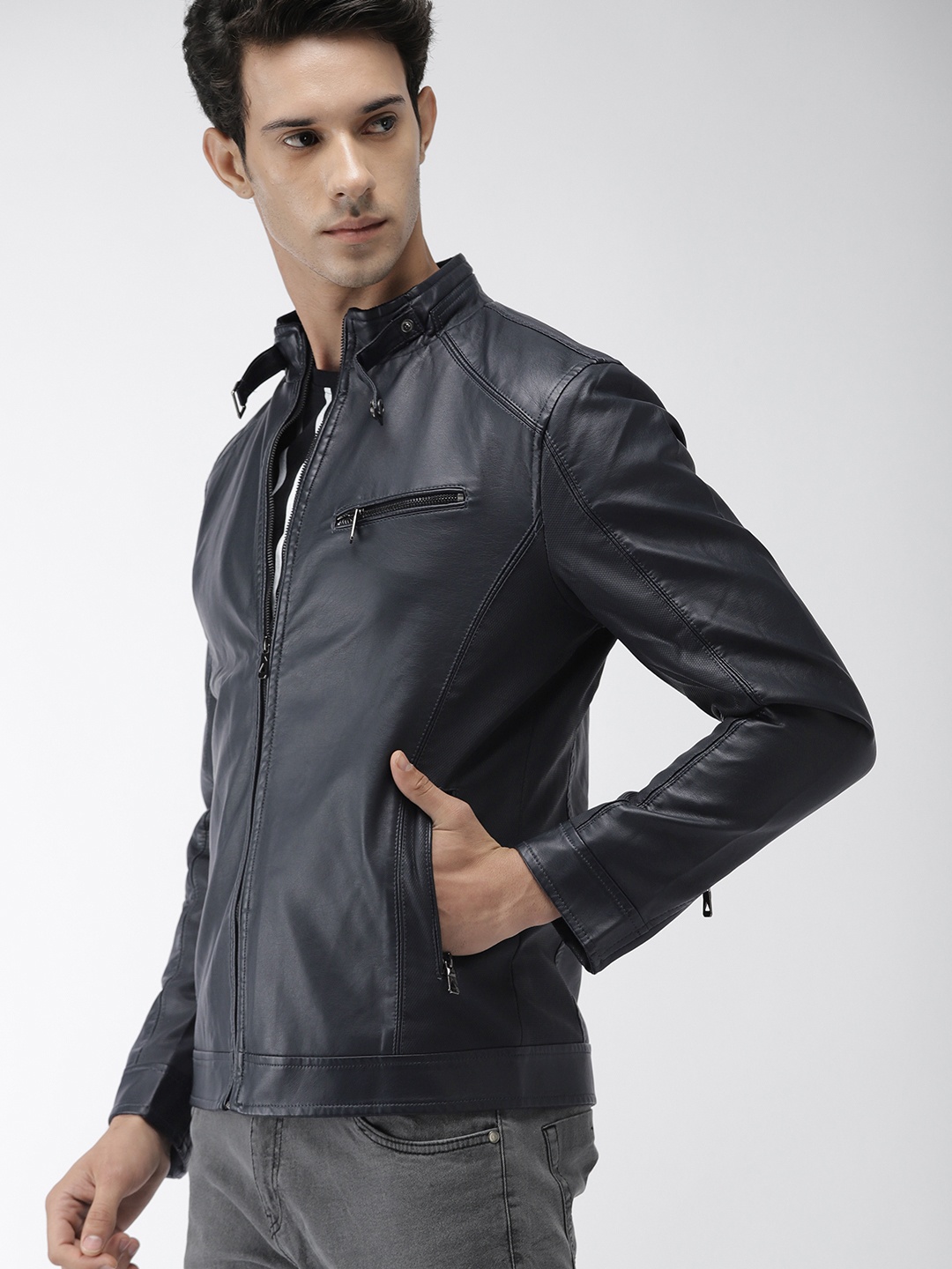 

The Indian Garage Co Men Navy Blue Solid Biker Jacket