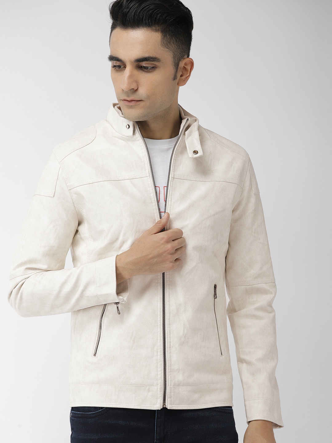 

The Indian Garage Co Men Off-White Solid Biker Jacket