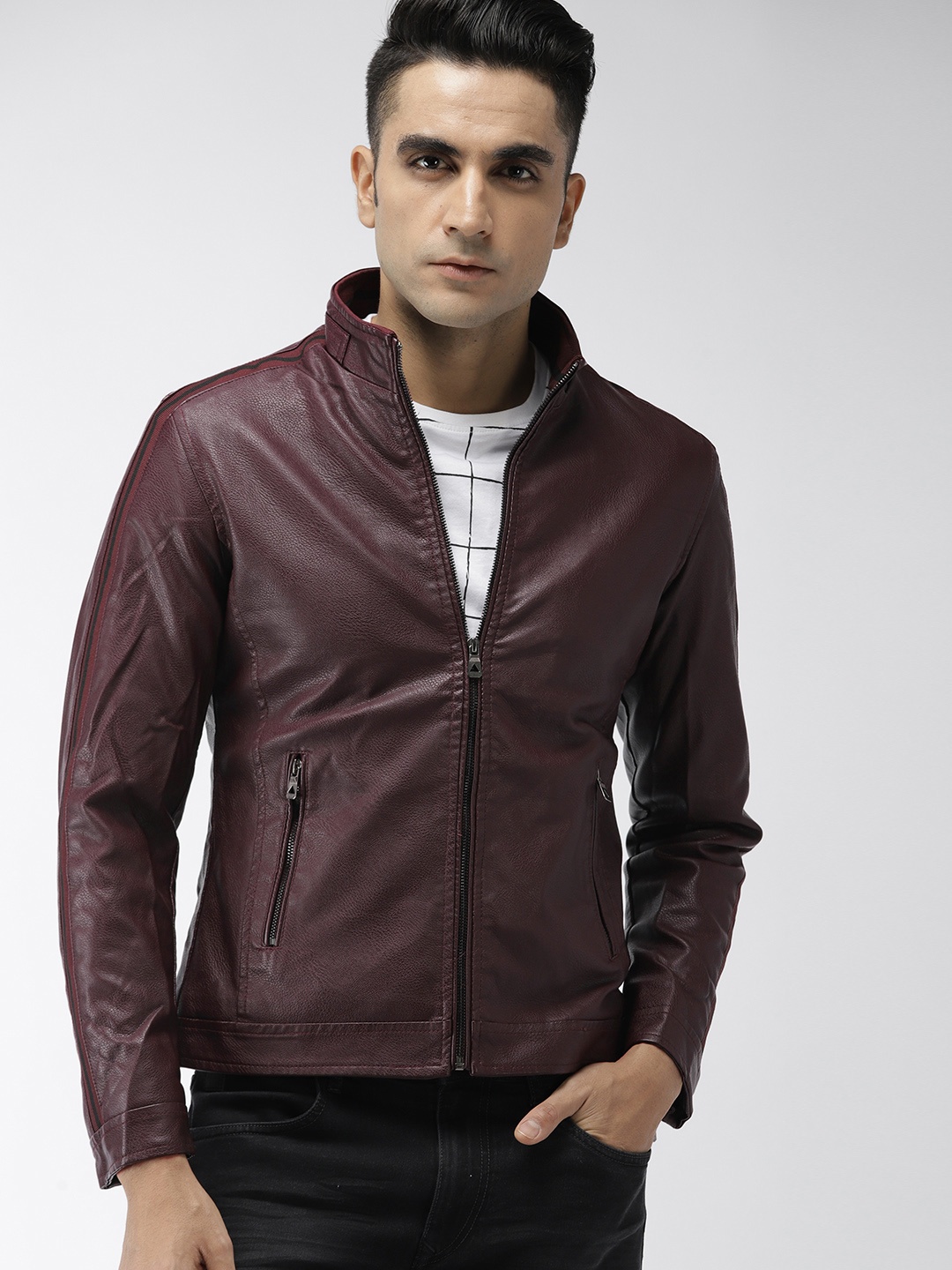 

The Indian Garage Co Men Burgundy Solid Biker Jacket