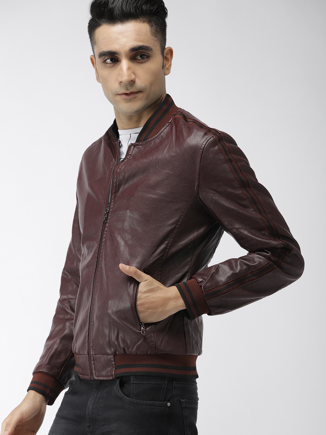 

The Indian Garage Co Men Slim Zip-Front Faux Biker Jacket, Burgundy