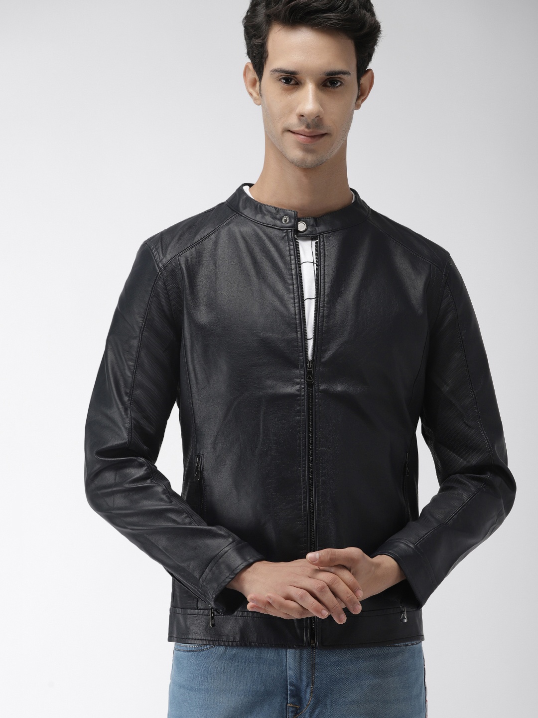 

The Indian Garage Co Men Navy Blue Solid Biker Jacket