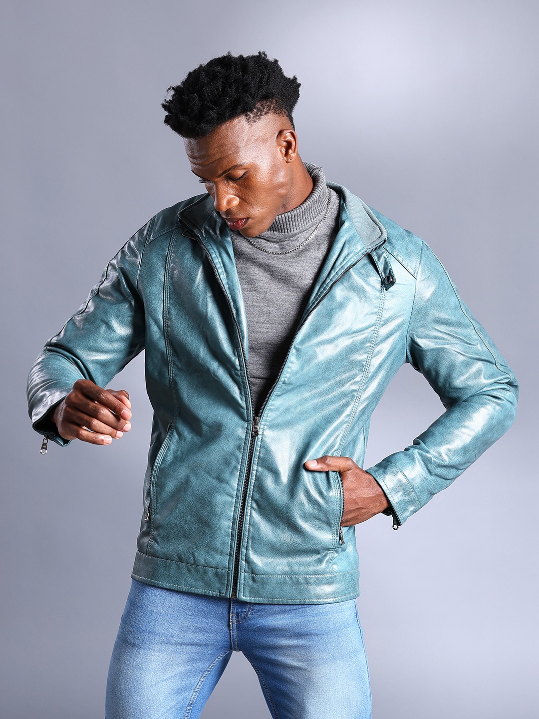 

The Indian Garage Co Men Slim Fit Faux Biker Jacket with Zip Closure, Teal