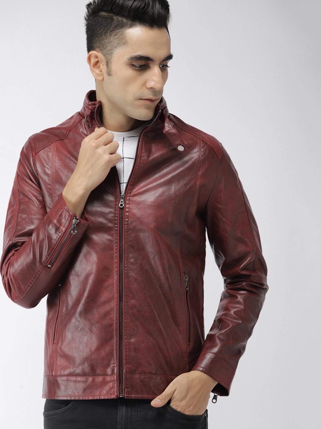 

The Indian Garage Co Men Burgundy Solid Biker Jacket