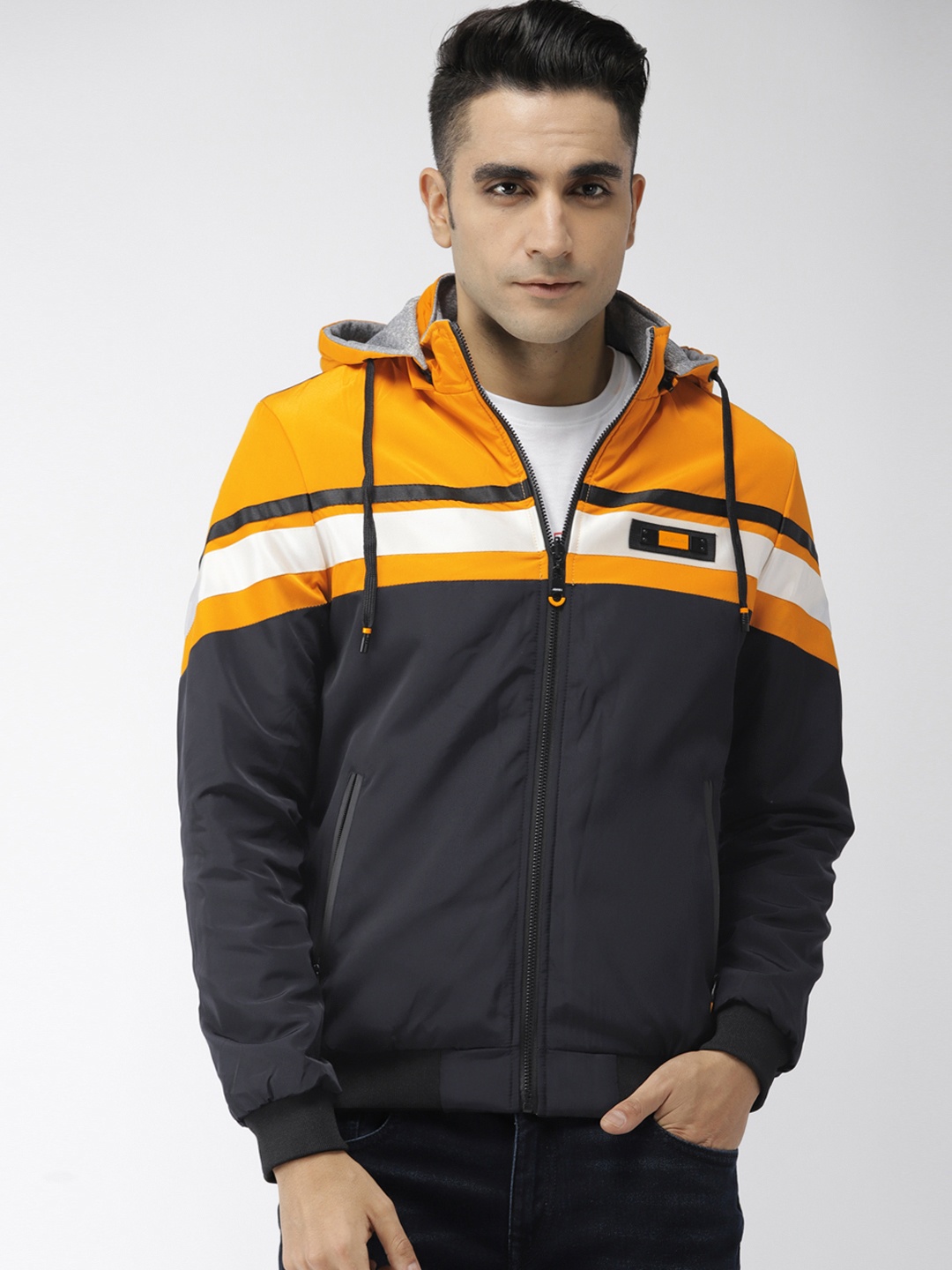 

The Indian Garage Co Men Navy Blue & Yellow Colourblocked Reversible Bomber Jacket