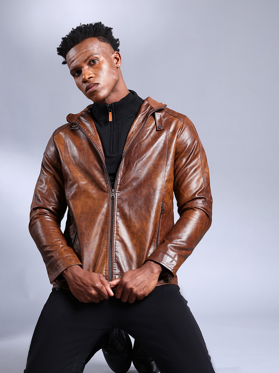 

The Indian Garage Co Men Brown Solid Faux Biker Jacket