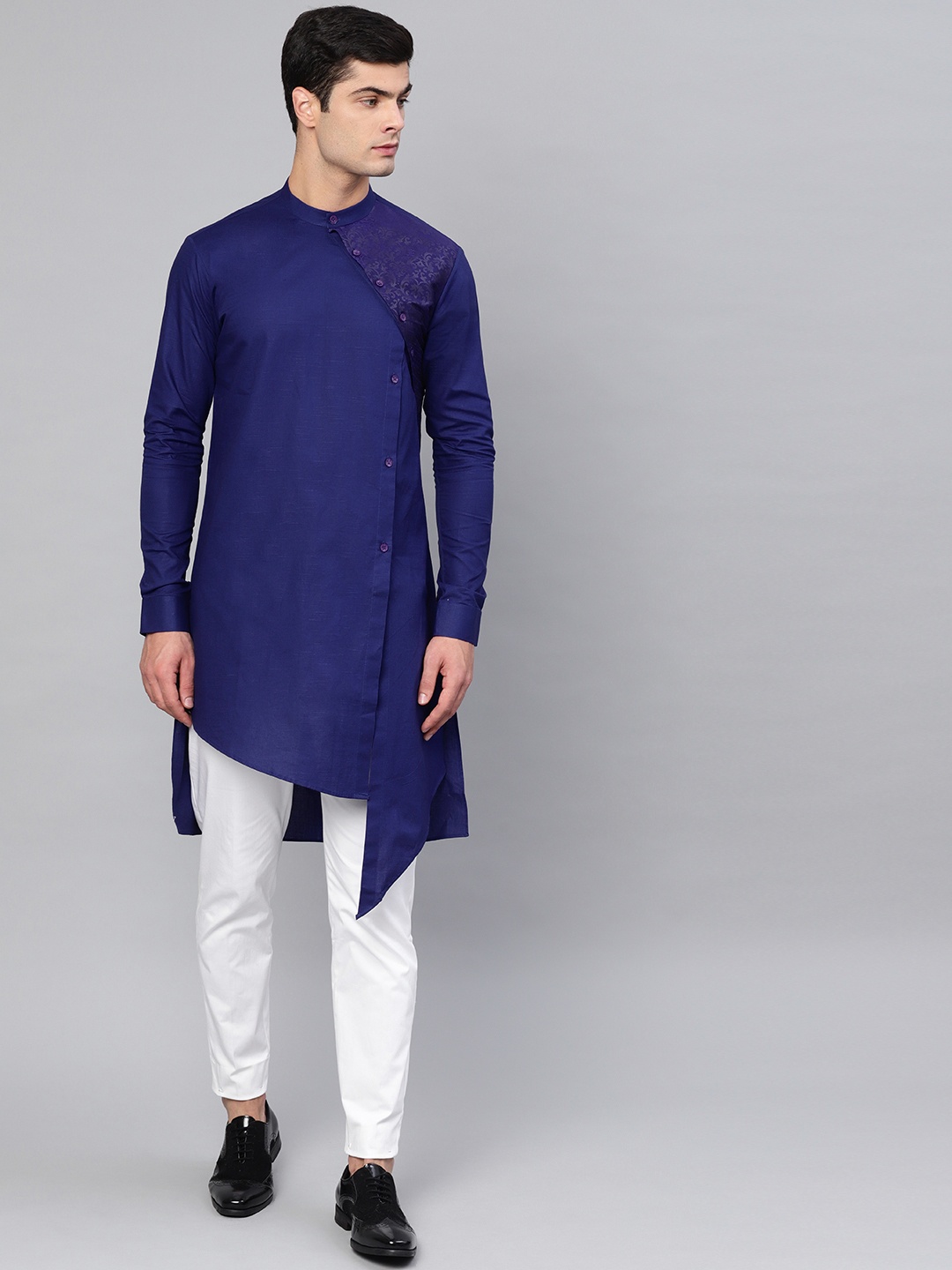 

See Designs Men Navy Blue Asymmetric Woven Design AStraight Kurta