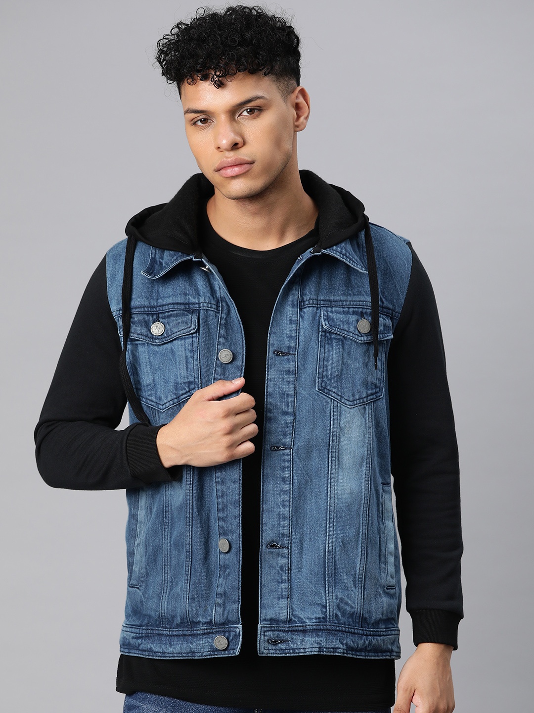 

Campus Sutra Men Washed Hooded Denim Jacket, Blue