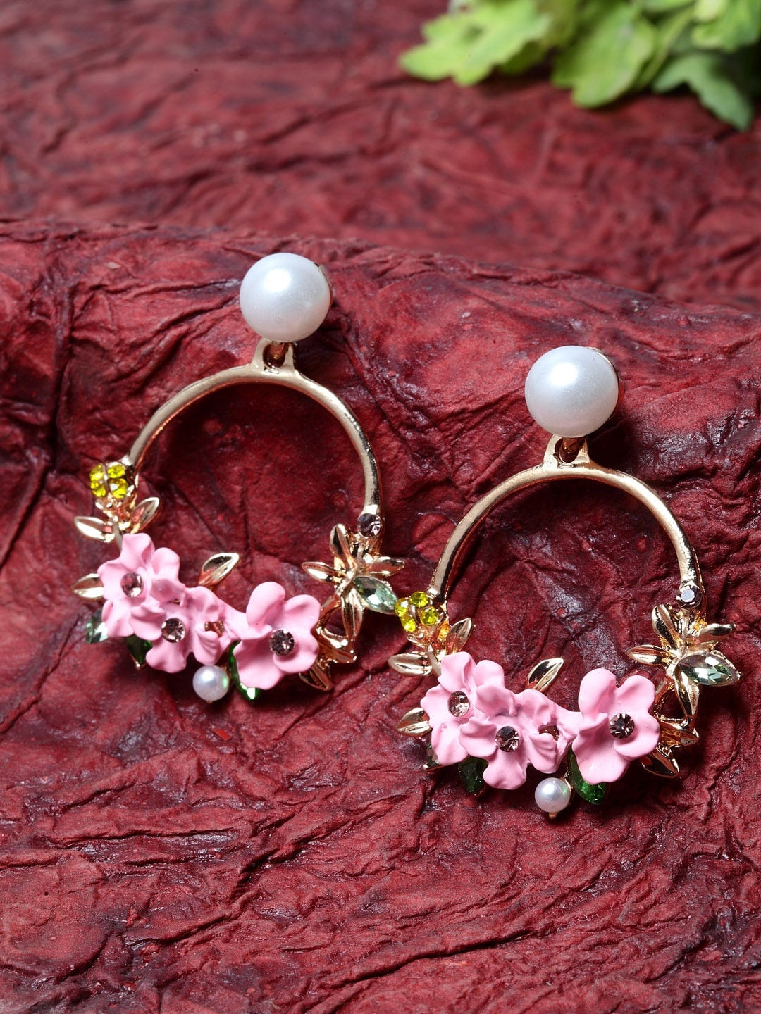 

Shining Diva Fashion Gold-Toned Pink Oxidised Floral Drop Earrings