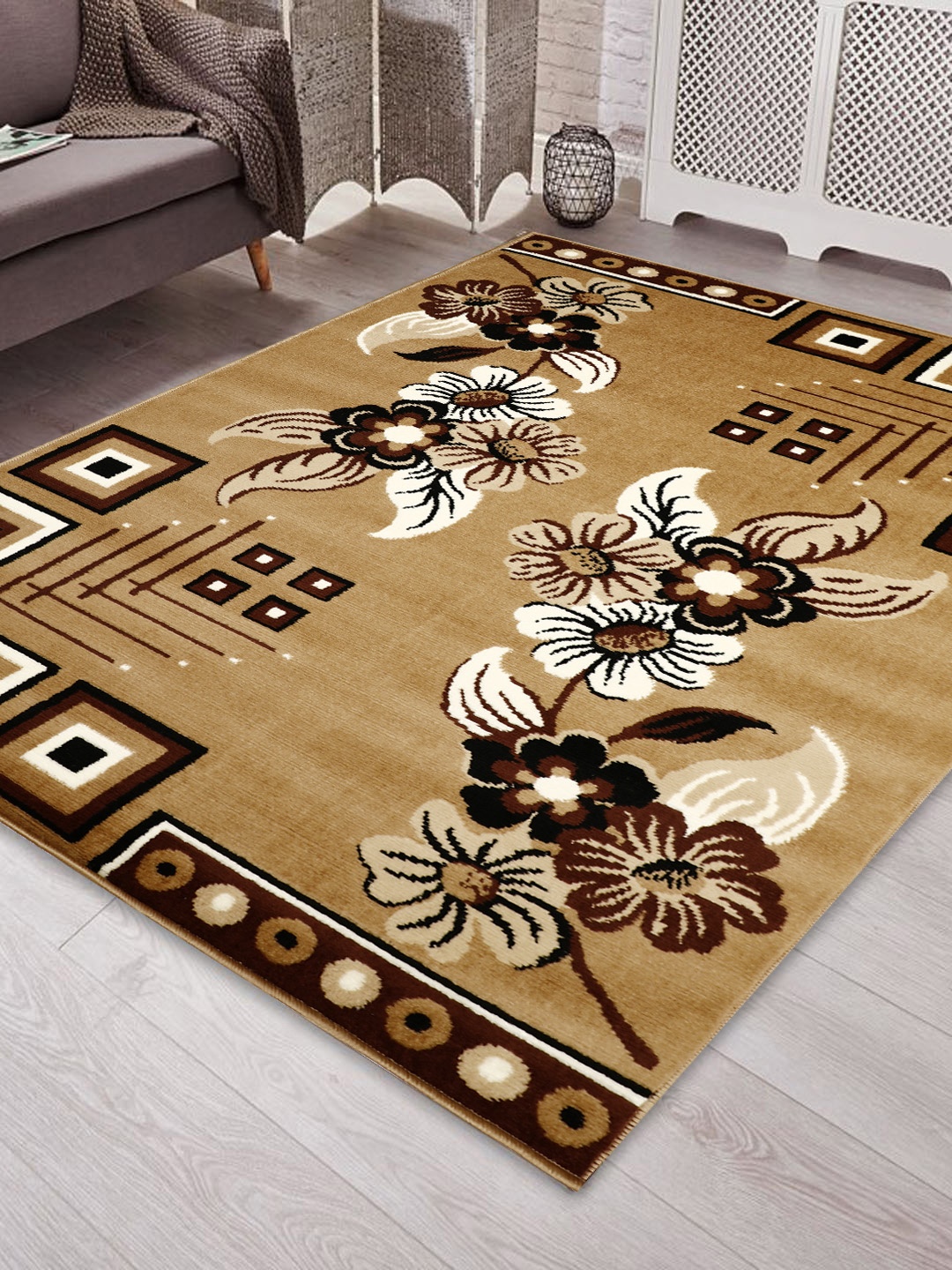 

PRESTO Beige & Brown Printed Anti-Skid Carpet