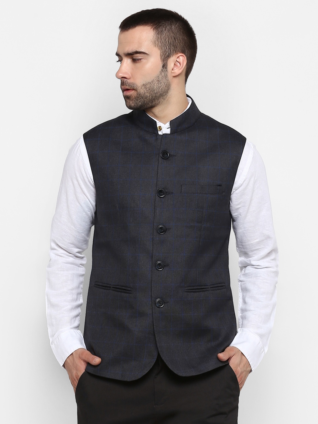 

Red Tape Men Grey Checked Nehru Jacket