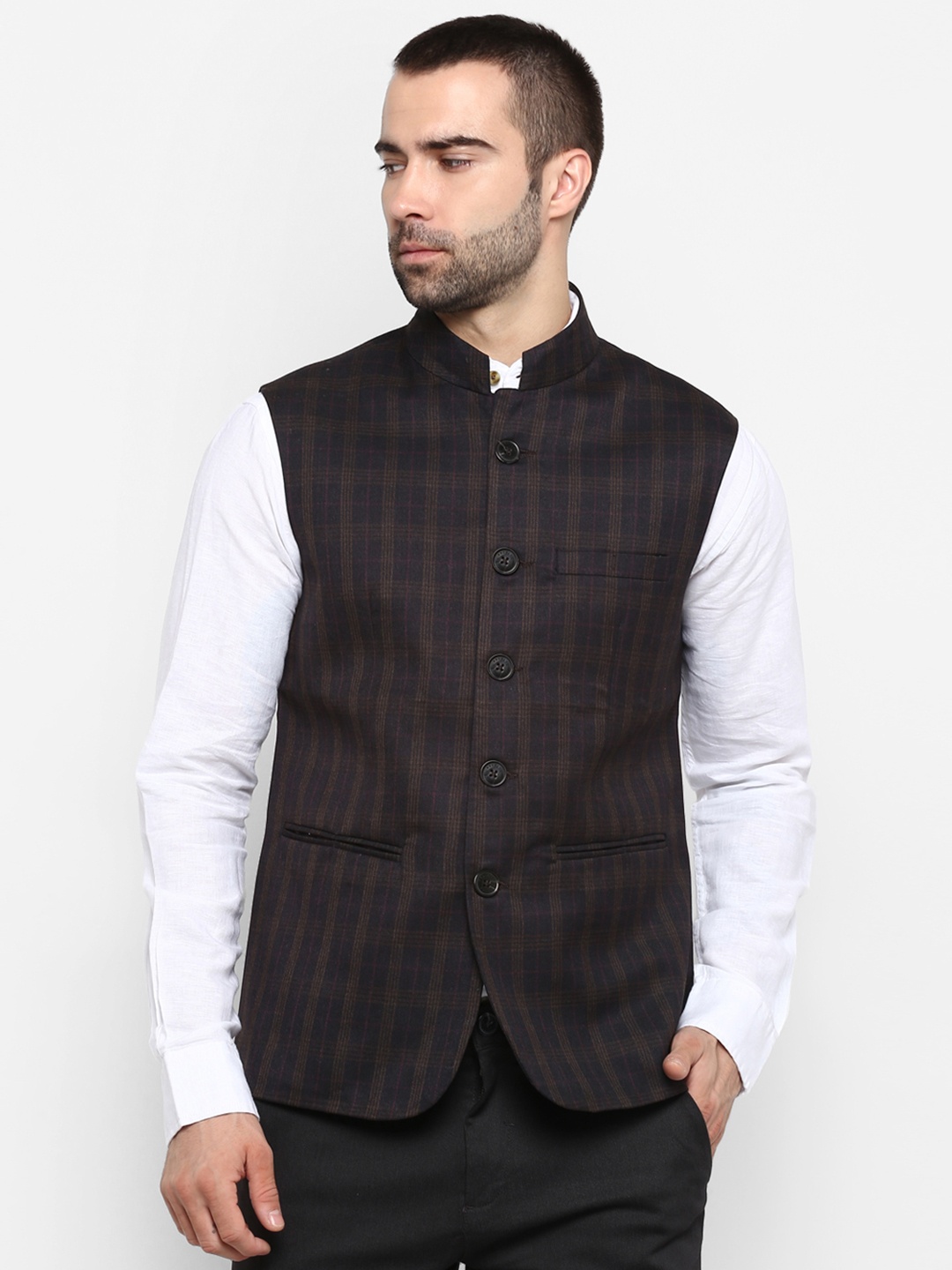 

Red Tape Men Brown & Blue Checked Nehru Jacket