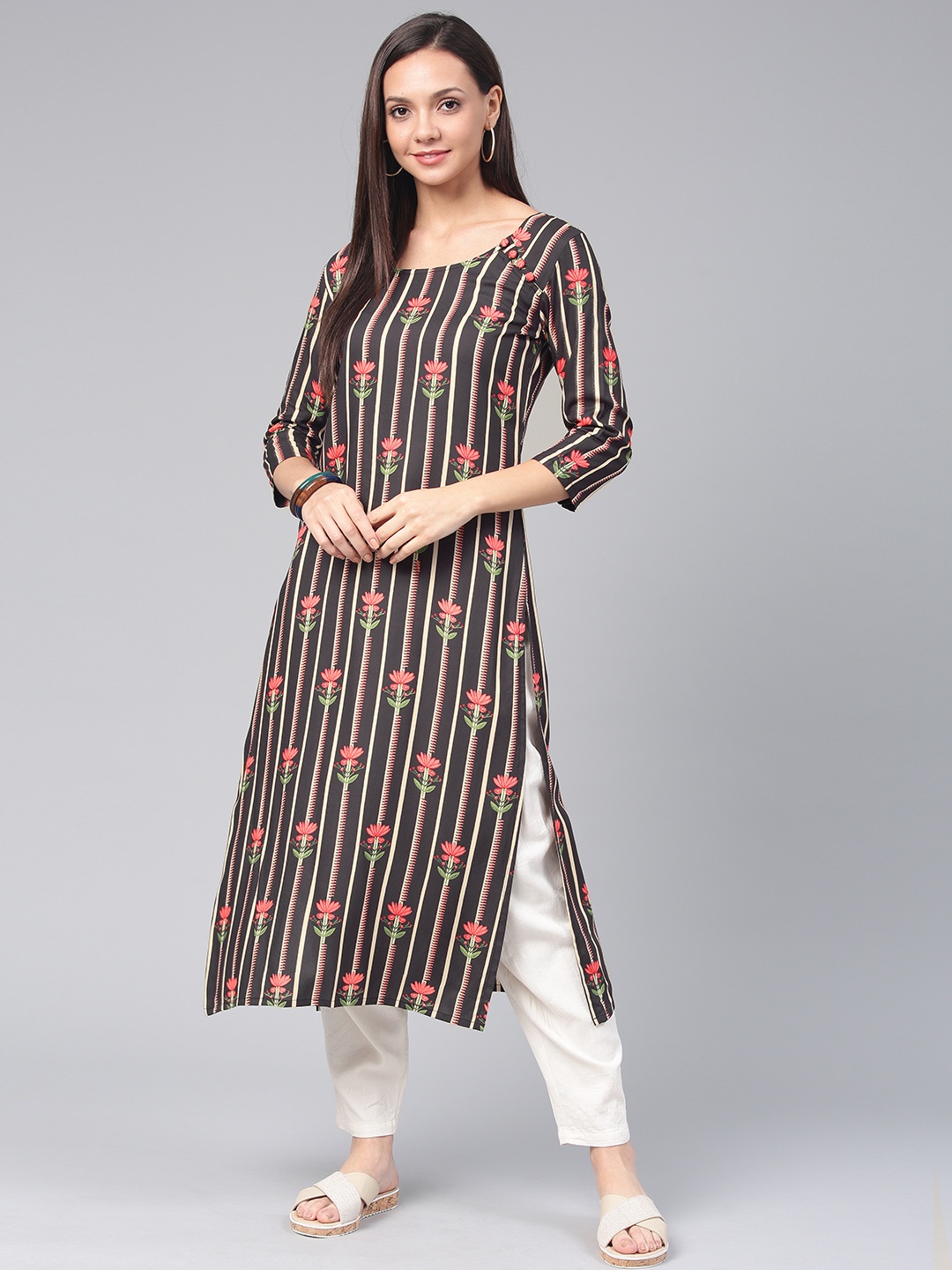 

Swishchick Women Charcoal Grey & Cream-Coloured Striped Straight Kurta