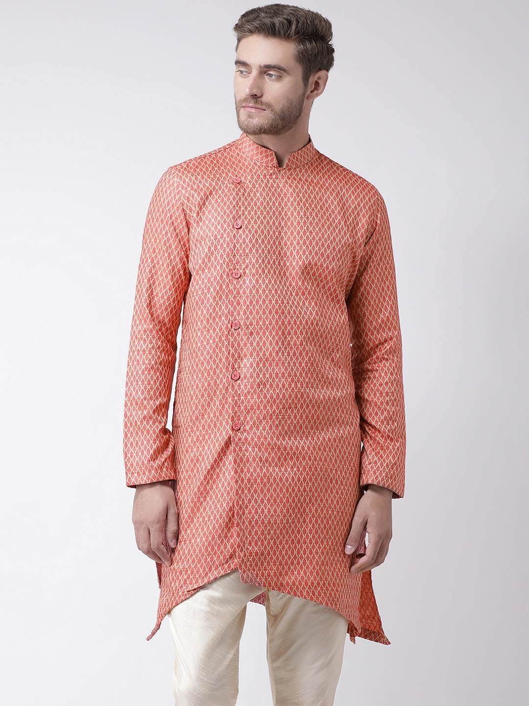 

DEYANN Men Pink Woven Design Asymmetric Kurta