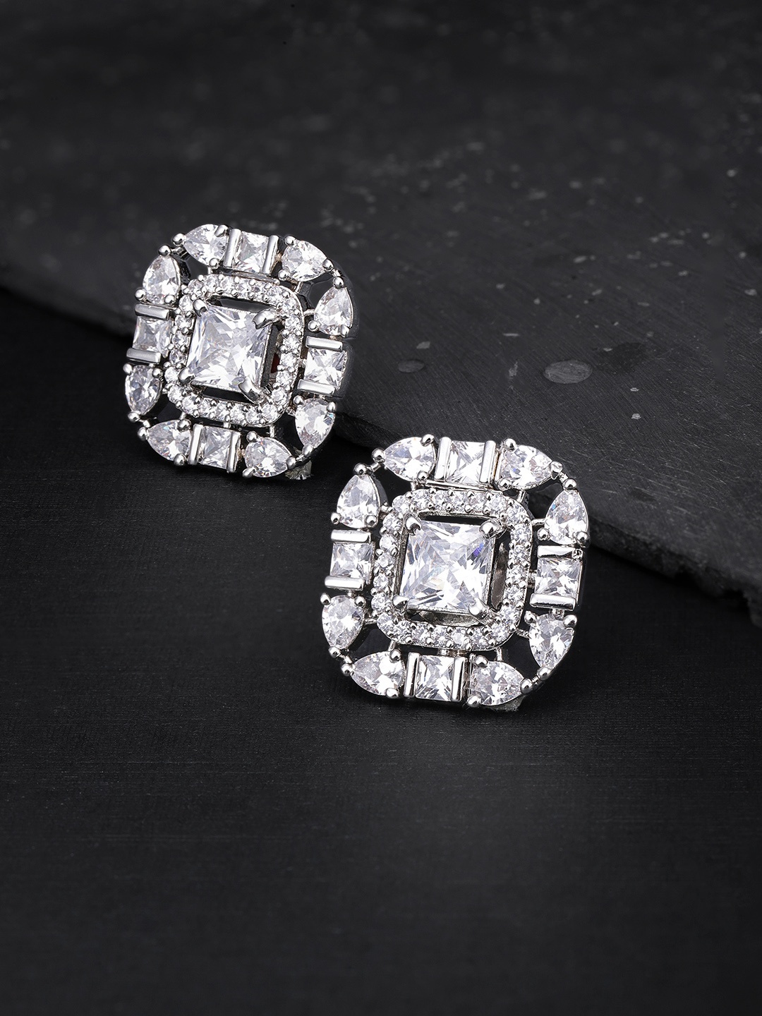 

Priyaasi Silver-Toned Rhodium-Plated American Diamond Studded Geometric Studs