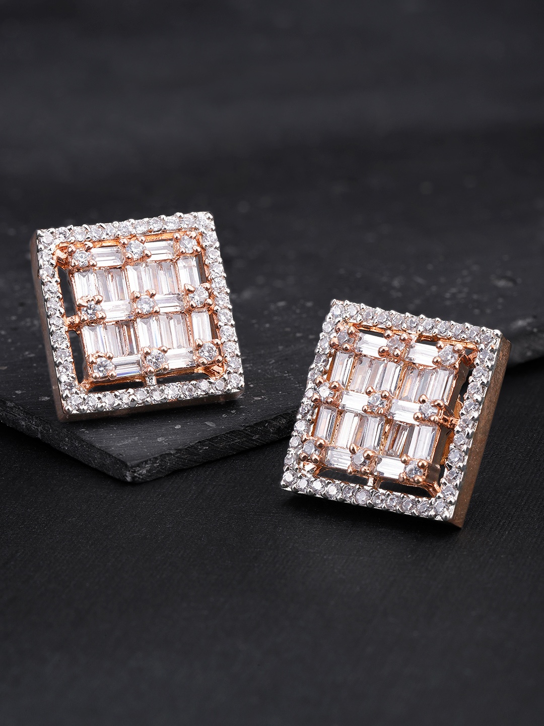 

PRITA BY PRIYAASI Rose Gold-Plated American Diamond Studded Square Studs