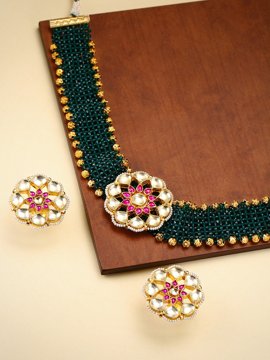 Priyaasi Green & Pink Gold-Plated Kundan-Studded & Beaded Handcrafted Jewellery Set