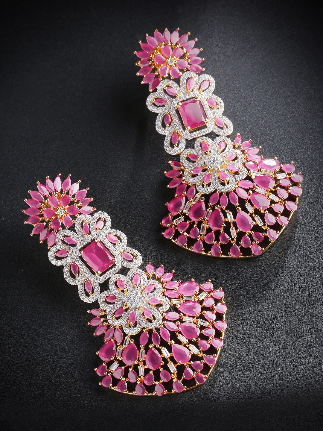 

Priyaasi Magenta Gold-Plated American Diamond Studded Classic Drop Earrings
